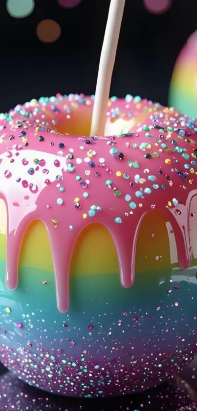 Colorful candy apple with pink glaze and sprinkles.