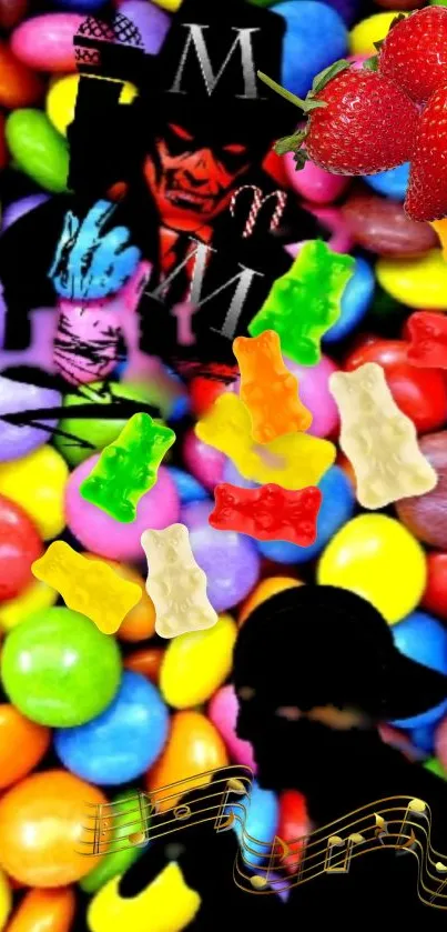 Colorful candy art wallpaper with silhouette and artistic elements.
