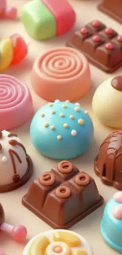 Assorted colorful candies in various shapes.