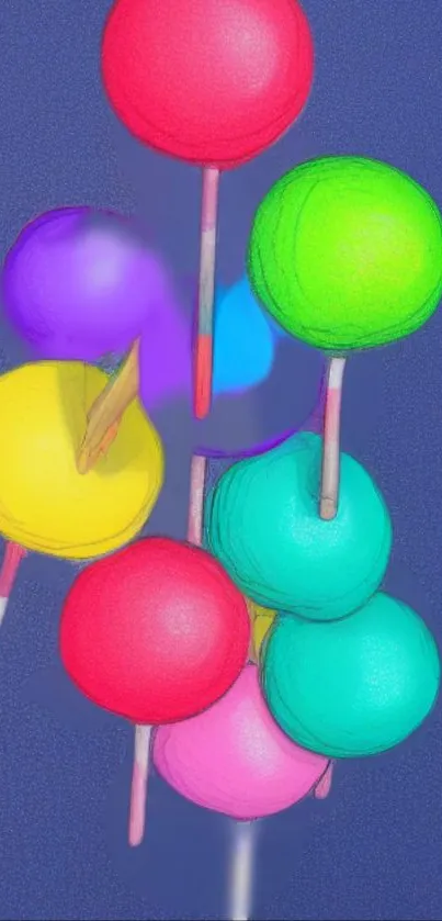 Vibrant blue wallpaper with colorful candy balloons.