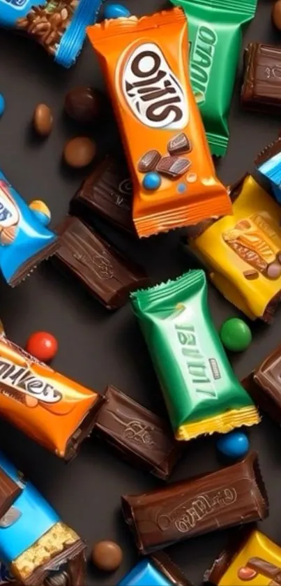 Colorful assortment of candy bars on a dark background.