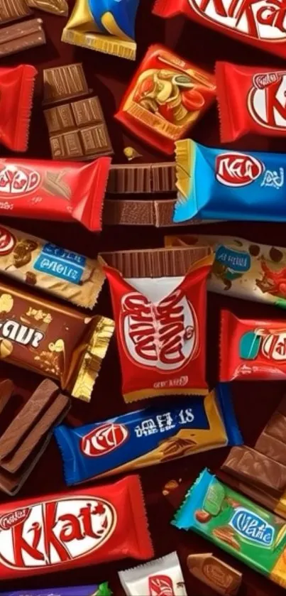 Assorted colorful candy bars in vibrant packaging.