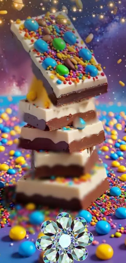 Stacked chocolate bars with colorful candies in a galaxy-themed wallpaper.