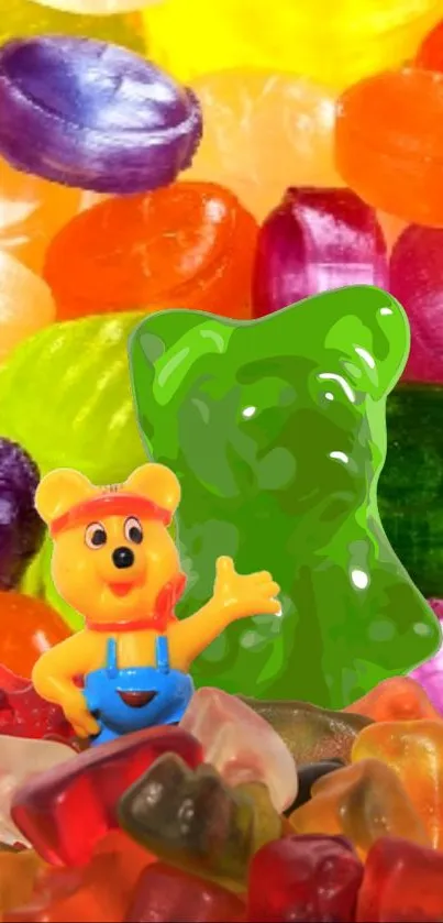 Vibrant candy wallpaper with gummy bears and colorful sweets.