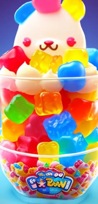 Cute bear with colorful gummies in a candy cup mobile wallpaper.