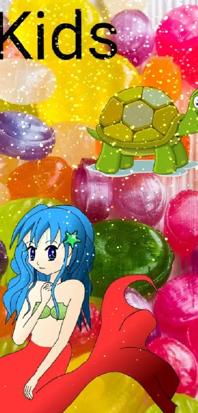 Colorful candy wallpaper with mermaid and turtle for kids.