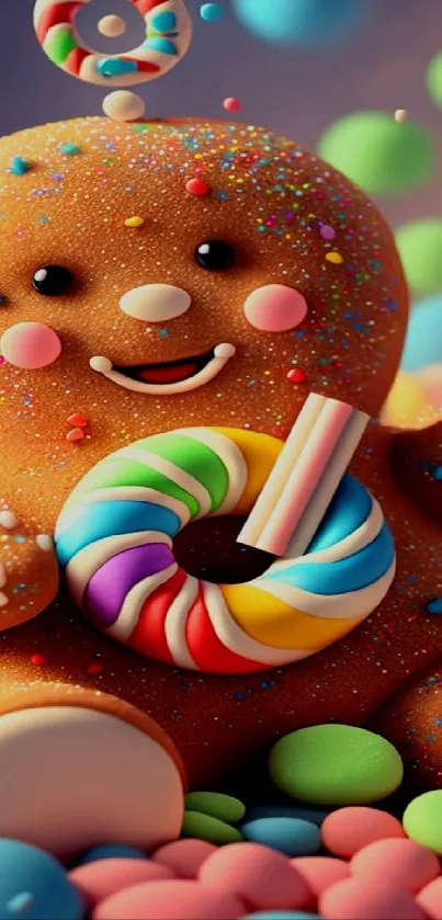 Colorful candy character with sweets on phone wallpaper.