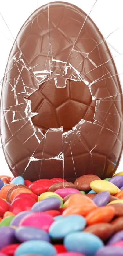 Cracked chocolate egg on colorful candy background.