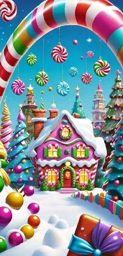 Colorful candy Christmas wonderland scene with gingerbread house and trees.