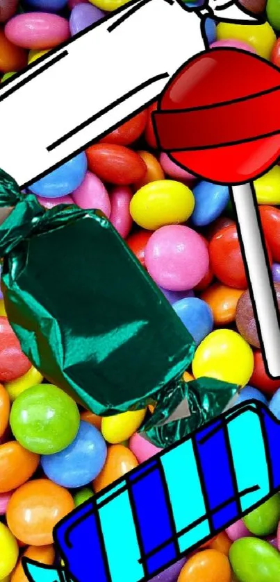 Bright and colorful candy wallpaper with assorted sweets.