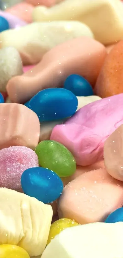 Mobile wallpaper featuring colorful candies in pink, orange, and blue hues.