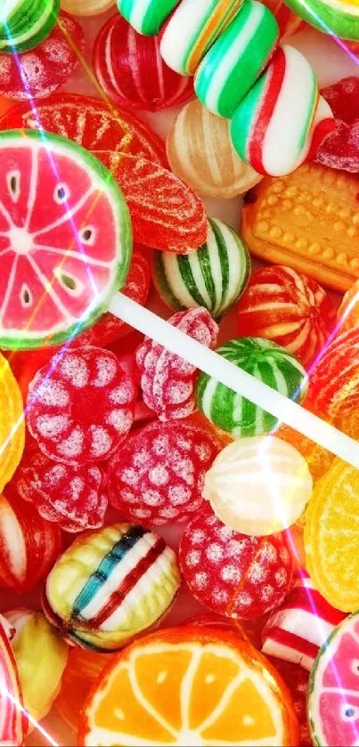 Vibrant candy assortment wallpaper with colorful candies on display.