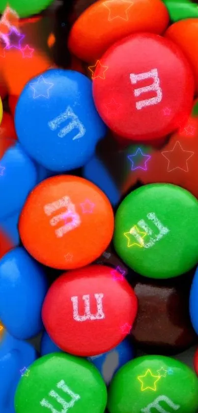 Colorful M&M candy with star overlay wallpaper.