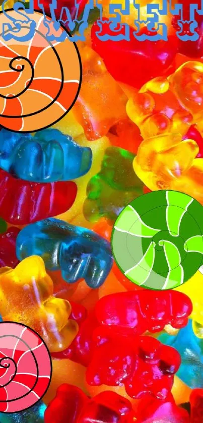 Colorful gummy bears and lollipops with sweet text overlay