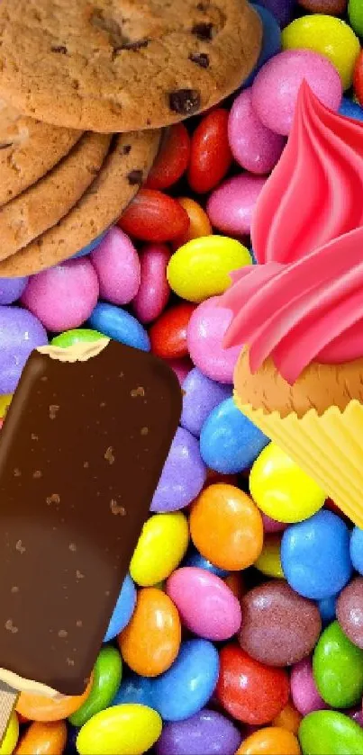 Multicolor candy wallpaper with desserts, featuring cookies and a cupcake.