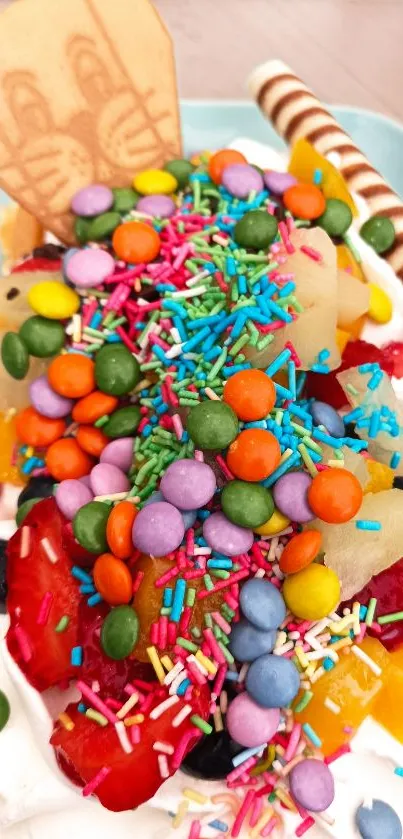 Colorful candy and sprinkles dessert wallpaper for mobile.