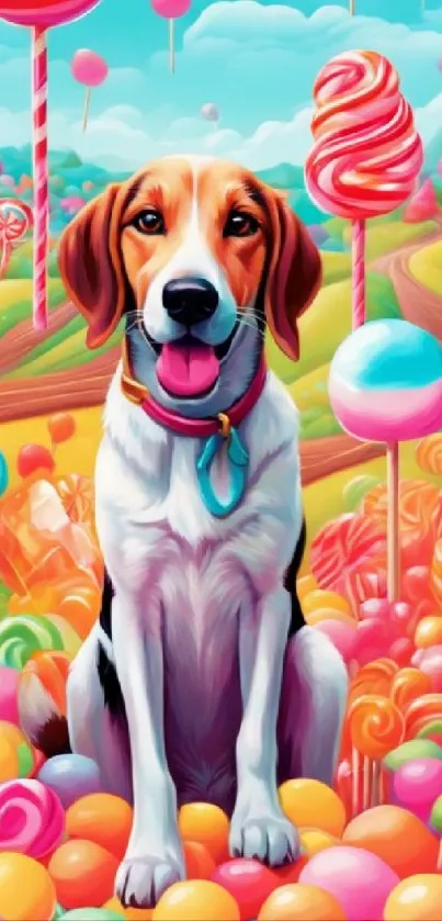 Dog in colorful candy wonderland wallpaper.