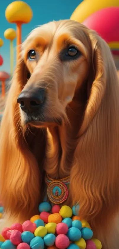 A dog sitting in a colorful candy world.