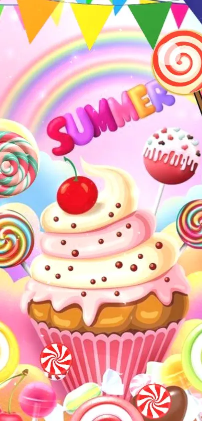 Colorful cupcake with lollipops and rainbow with 'Summer' text.