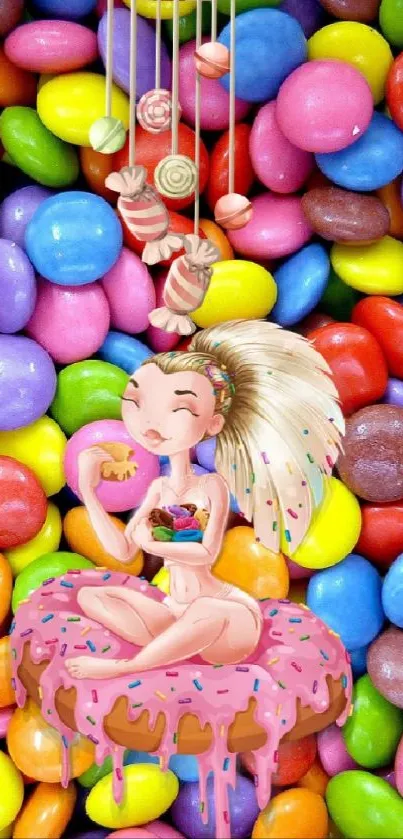 Colorful candy scene with whimsical character art.