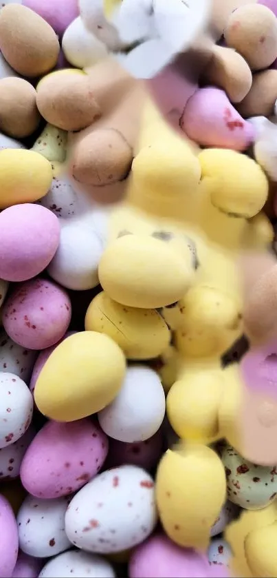 Vibrant pastel-colored candy eggs arranged artistically.