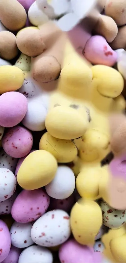 Closeup of colorful candy eggs in pastel hues for a mobile wallpaper.