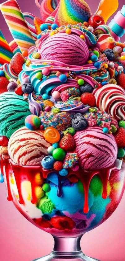Colorful candy and ice cream explosion in a glass bowl.
