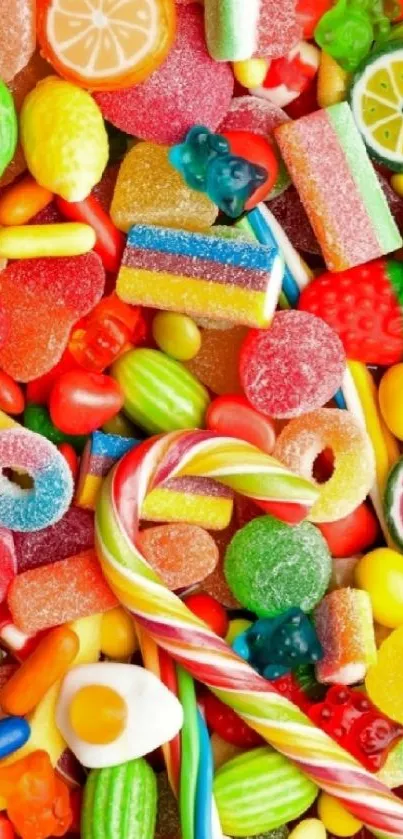 Bright and colorful candy-themed wallpaper featuring gummies and lollipops.