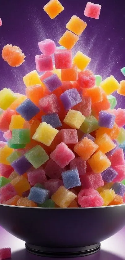 Vibrant and colorful candy explosion in a bowl against a purple background.