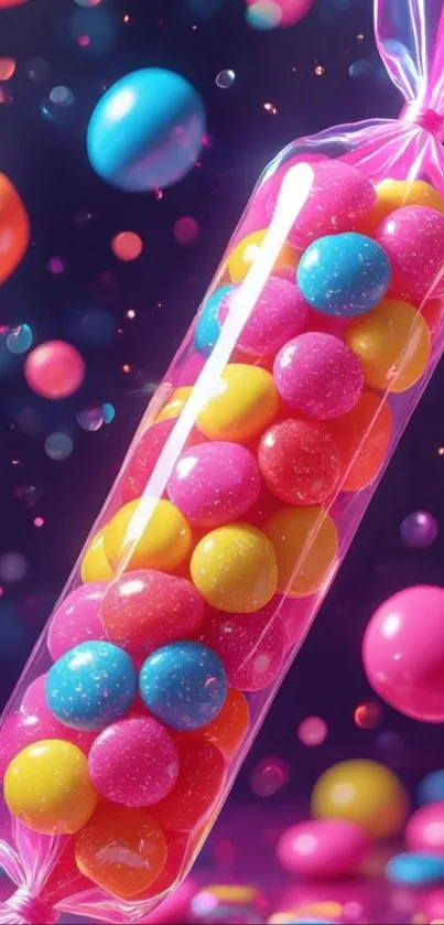 Colorful candy balls floating in a vibrant mobile wallpaper.