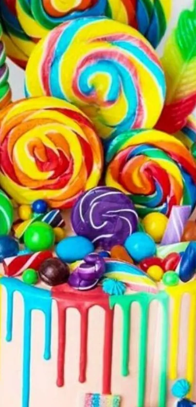 Vibrant candy and lollipop mobile wallpaper with colorful sweets.