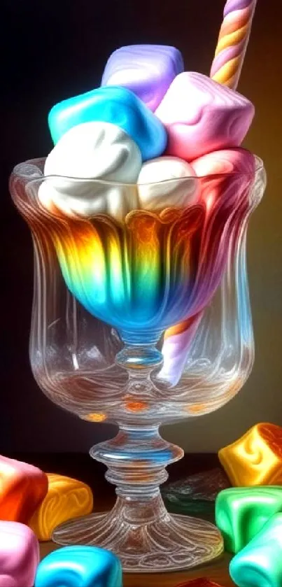 Vibrant and colorful candy glass filled with marshmallows.