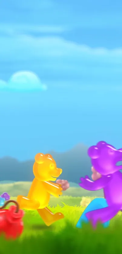 Gummy bears play in a colorful meadow under a bright blue sky.