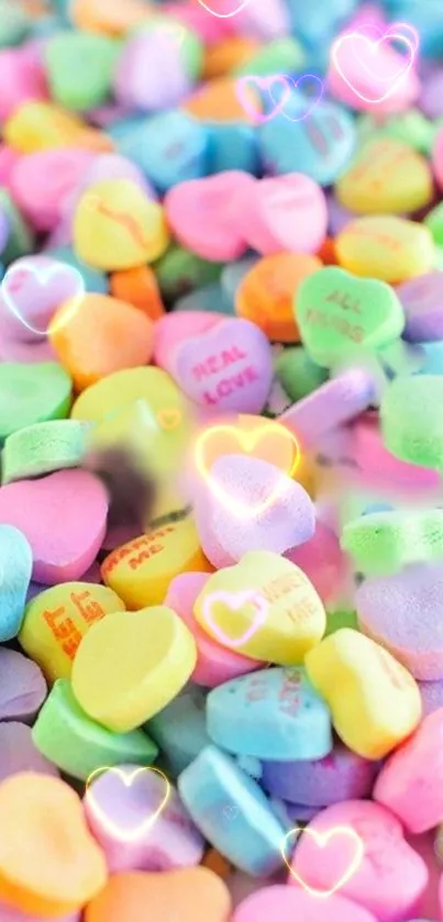 Colorful pastel candy hearts mobile wallpaper.