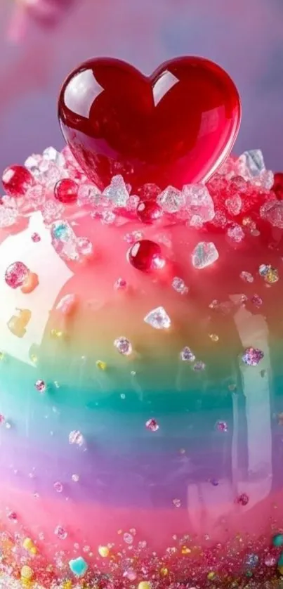 Colorful rainbow cake with a vibrant candy heart on top.