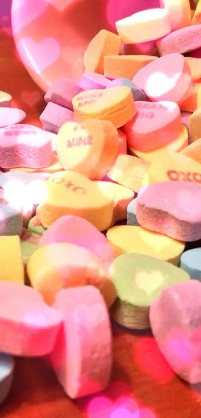 Colorful candy hearts scattered on a wooden surface.