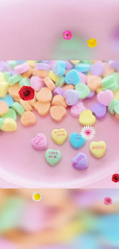 Vibrant candy hearts and flowers on a pastel pink background.