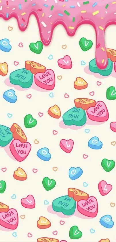 Playful candy heart wallpaper with pink frosting and love messages.