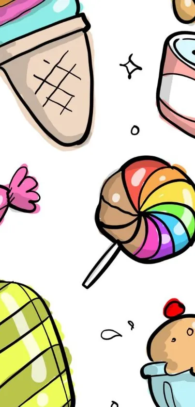 Vibrant ice cream and candy wallpaper with playful, colorful illustrations.