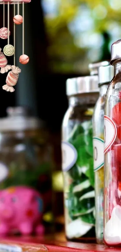 Colorful candy jars with assorted sweets on display.