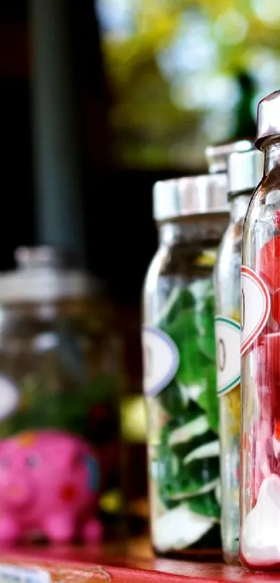 Colorful vintage candy jars lined up on a shelf, evoking nostalgia.