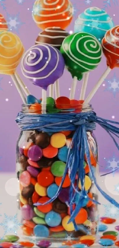 Colorful lollipops and candies in a jar against a purple background.