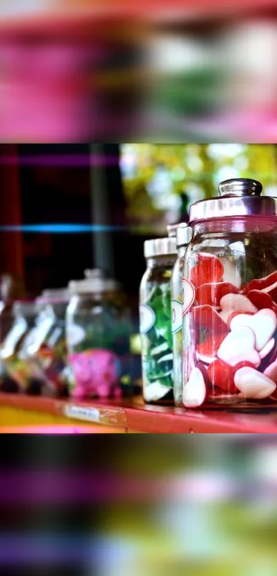 Colorful jars filled with heart-shaped candies creating a vibrant display.