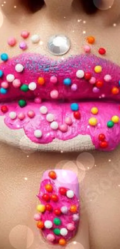 Vibrant candy-themed lip art with colorful sprinkles on a mobile wallpaper.