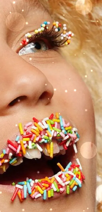 Close-up of lips with colorful candy sprinkles, artistic design.