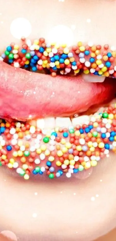 Colorful candy-covered lips with vibrant sprinkles.