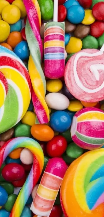 Colorful candy and lollipop mobile wallpaper.