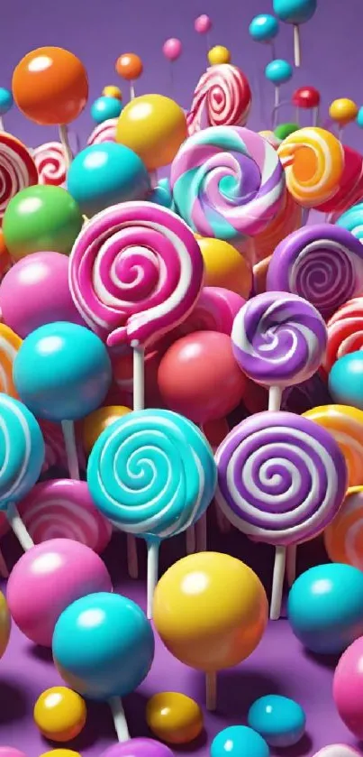 A delightful array of colorful candy lollipops with swirling patterns.
