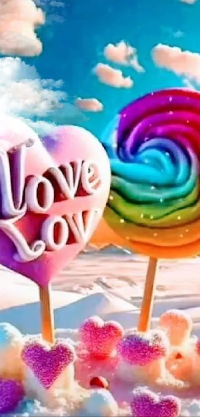 Colorful candy love lollipop wallpaper with vibrant sky.