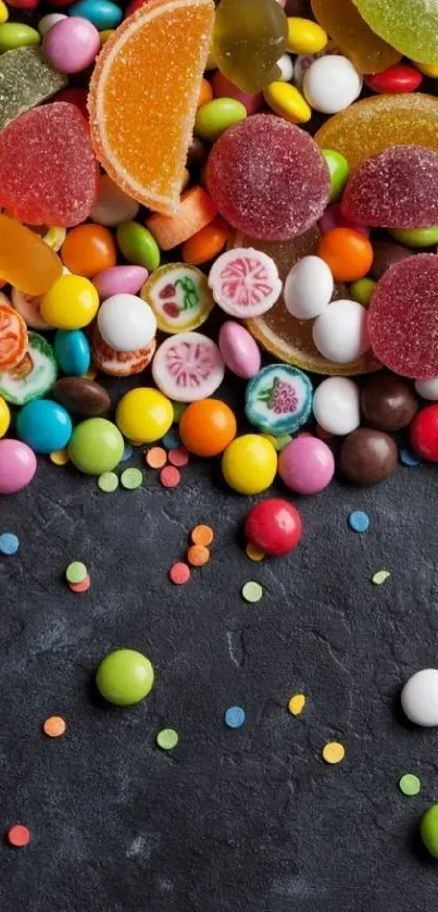 Vibrant candy scattered on a black background.